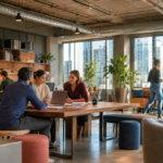 Professionals collaborating in a modern institutional workspace with industrial ceiling, city views, and varied upholstered seating.